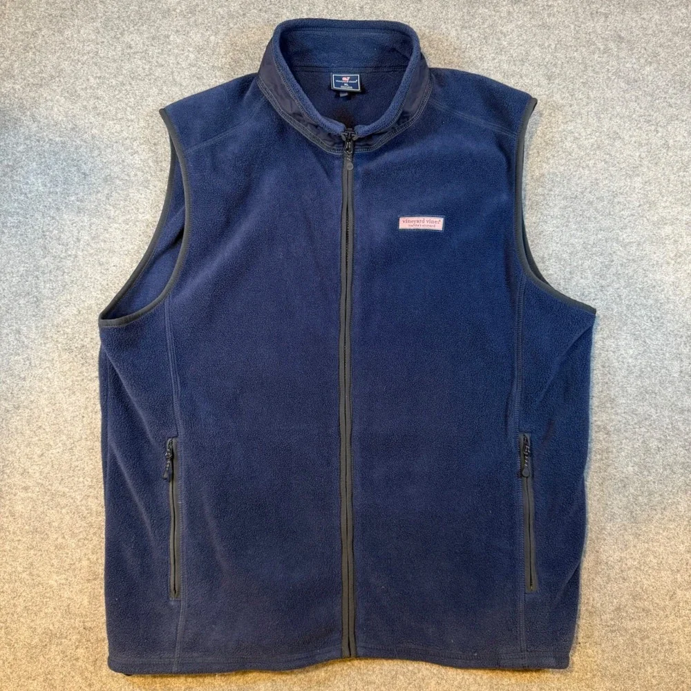 Vineyard Vines Mens XL Navy Blue Fleece Full Zip Vest Whale Logo Gilet